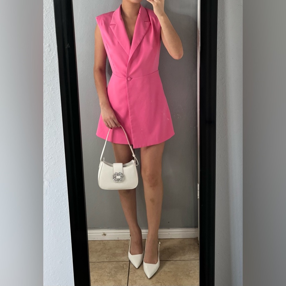 Hot Pink blazer romper mini dress S|Barbiecore tailored birthday outfit bossbabe